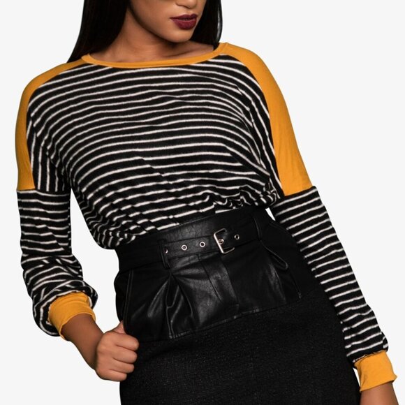 Sun n Moon Tops - Striped Long Sleeve Top Color Block Pullover Crew Neck